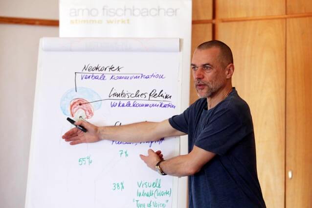 Ein Mann hält eine Präsentation mithilfe eines Flipcharts mit Diagrammen zum Thema Kommunikation und Stimme.