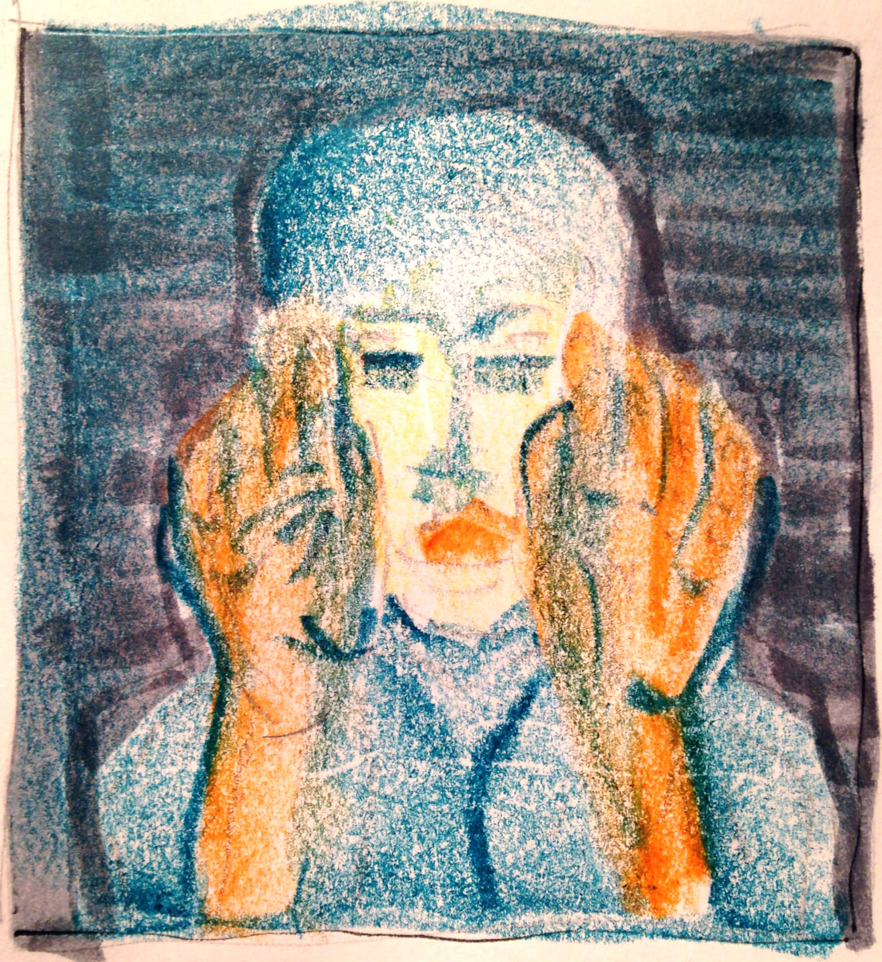 Bunte Pastellzeichnung einer Person, die mit den Händen ihr Gesicht bedeckt und im Hintergrund dezent „Stimme“ geschrieben steht.