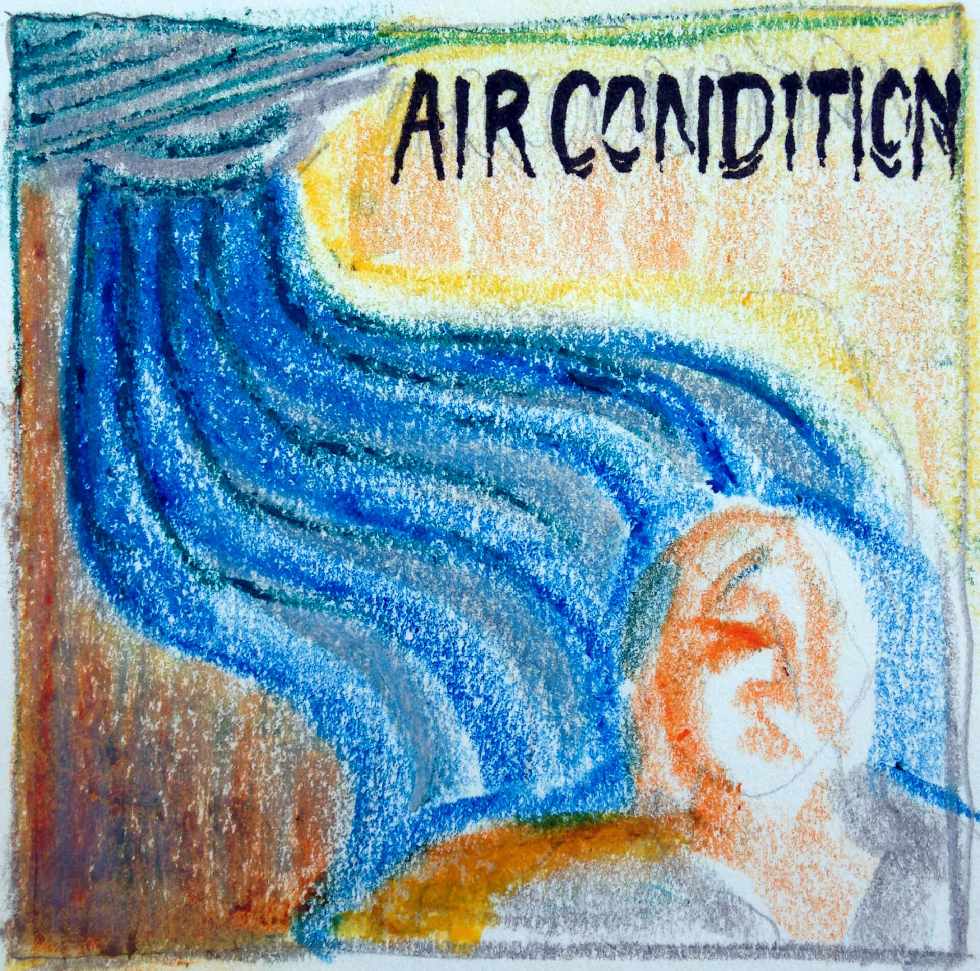 Eine bunte Buntstiftzeichnung einer Person, die eine Klimaanlage genießt, mit einer stilisierten Darstellung eines kühlen Luftstroms und ihrer Stimme, die Behaglichkeit ausdrückt.
