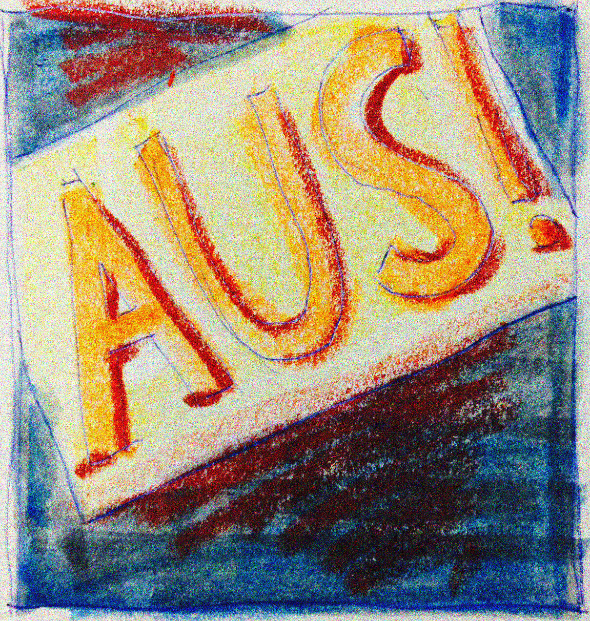 Bunte Illustration eines Schildes mit dem Wort „aus!“ in fetten Buchstaben und einer davon ausgehenden Stimme.