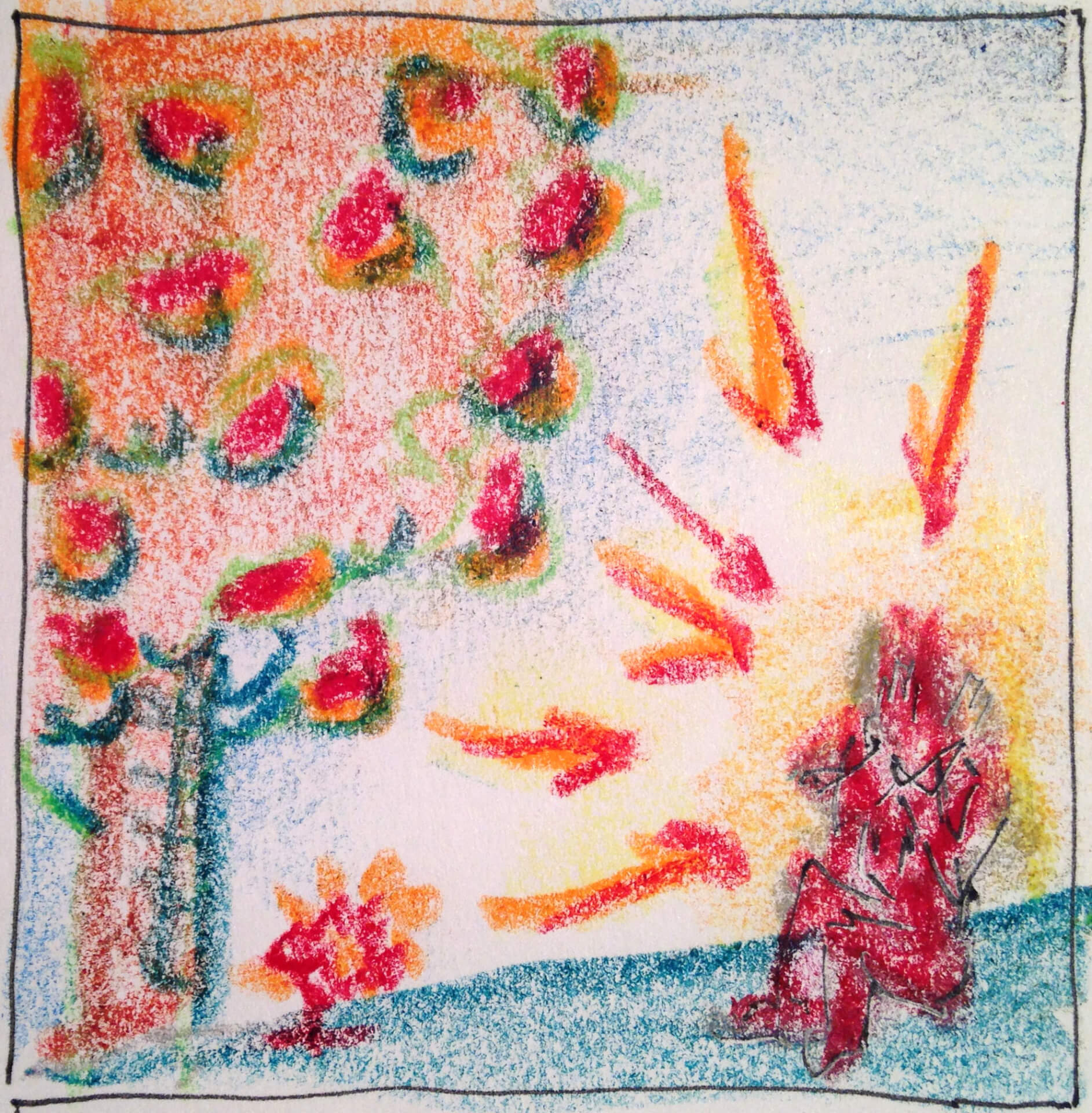 Kinderzeichnung einer roten Gestalt, die in farbenfroher Umgebung unter einem Obstbaum sitzt und ein Gefühl purer Freude ausstrahlt.