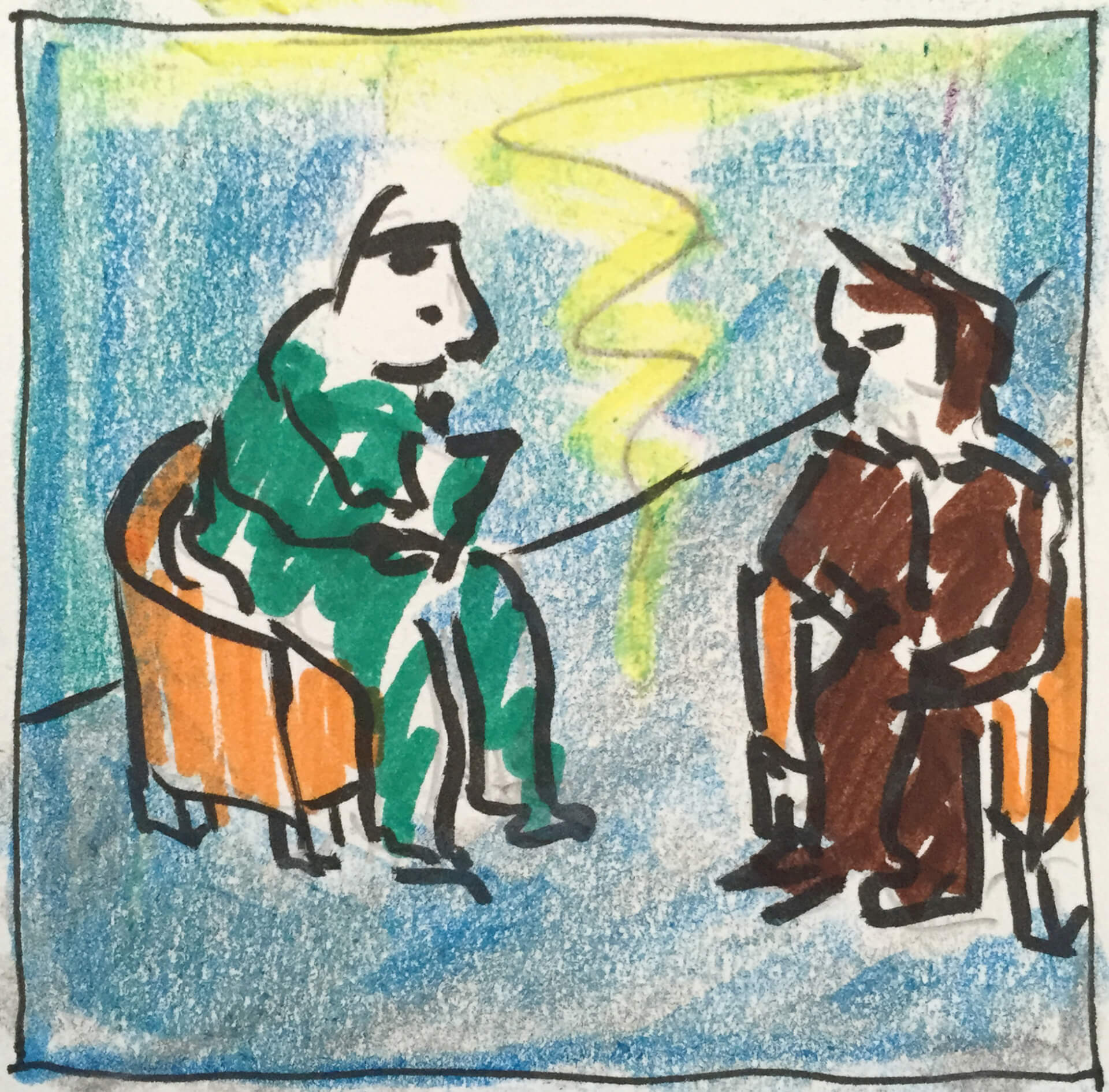 Kinderzeichnung von zwei anthropomorphen Tieren, die auf Stühlen sitzen und reden, mit einer Zickzacklinie zwischen ihnen, die eine Konversation andeuten soll, um das Publikum zu fesseln.