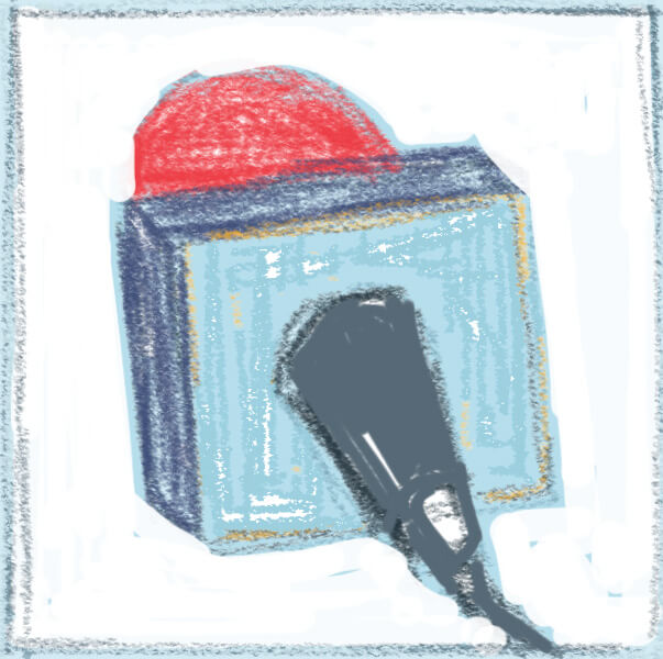 Digitale Illustration eines farbenfrohen, handgezeichneten Bleistiftspitzers mit roter Spitze und blauem Gehäuse, in einem skizzenhaften, strukturierten Stil, der von einem Politiker inspiriert ist.