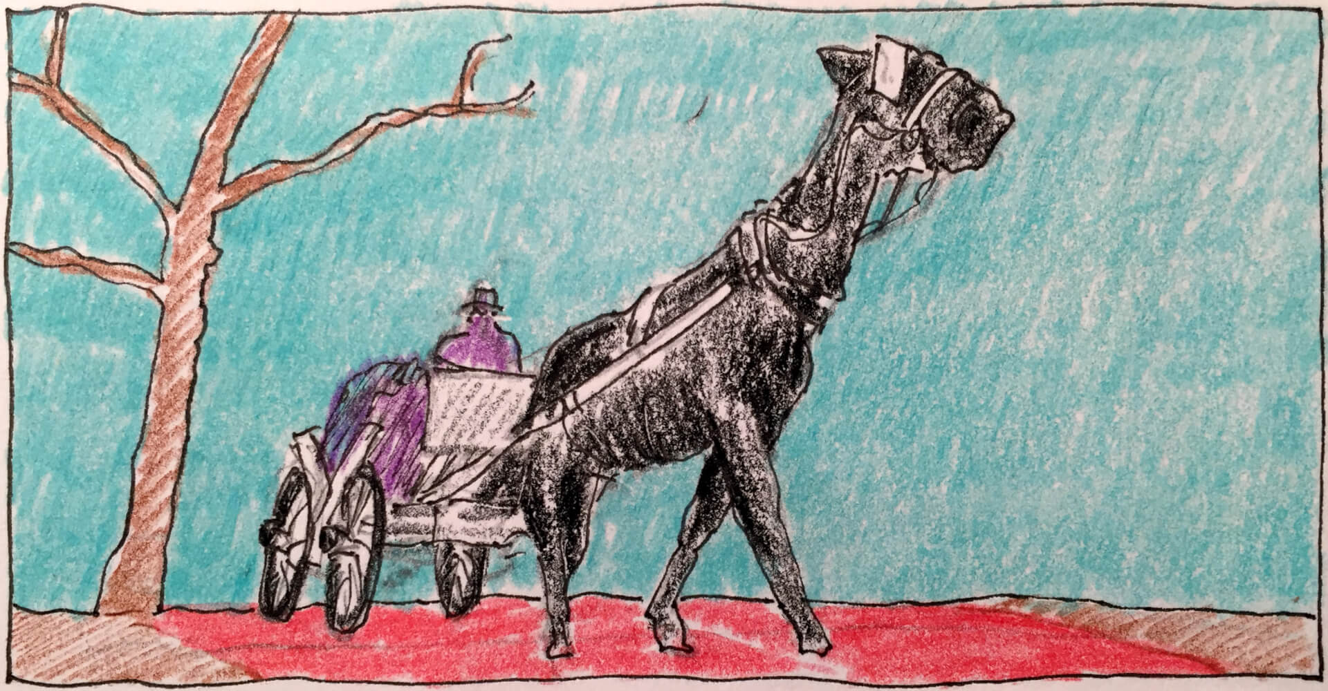 Ein handgezeichnetes Bild eines Pferdes, das einen Karren mit einem einzelnen Reiter zieht, neben einem blattlosen Baum vor einem himmelblauen Hintergrund.