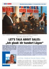 Zeitungsseite mit einem Foto von fünf Personen bei einer Podiumsdiskussion und einer Schlagzeile zum Thema Verkaufsstrategien von Presse Arno Fischbacher.
