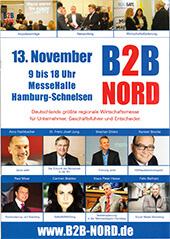 Poster für die b2b nord Veranstaltung am 13. November in Hamburg-Schenlsen mit Datum, Uhrzeit, Ort und Fotos der Referenten, darunter Keynote-Speaker Arno Fischbacher mit