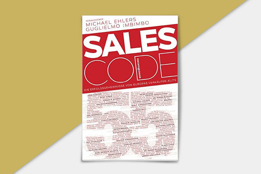 Buchcover für „Sales Code“ von Michael Ehlers und Guglielmo Imbimbo, mit einem kräftigen rot-weißen Design mit Textüberlagerung.