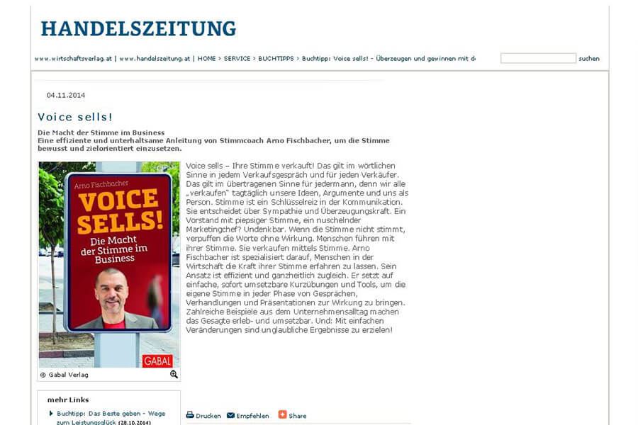 Screenshot einer Webseite der "Handelszeitung" mit einem Buchtipp mit dem Titel "Voice Sells! Die Macht der Stimme im Business" und dem Bild eines Mannes