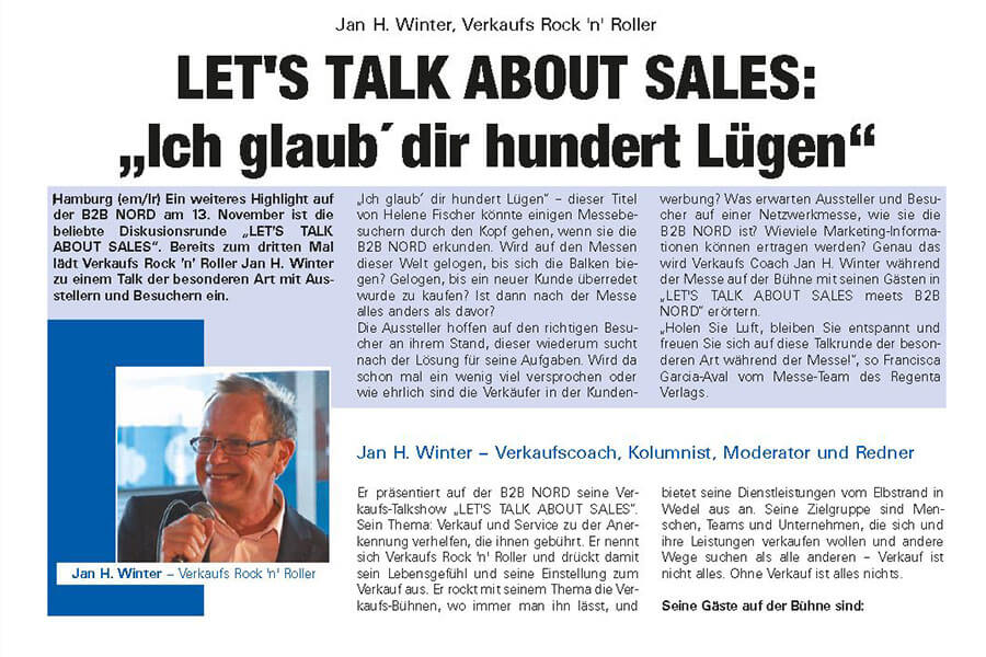 Artikel mit dem Titel "Lets talk about sales: ich wünsche dir viel Glück an den Erfolg durch Lügen" mit einem Portraitfoto von Jan H. Winters, der über die Podiumsdiskussion spricht