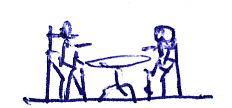 Silhouetten von vier Personen um einen runden Tisch, die möglicherweise an einer Diskussion oder Aktivität im Zusammenhang mit Arno Fischbacher teilnehmen, vor einem gesprenkelten dunklen Hintergrund.