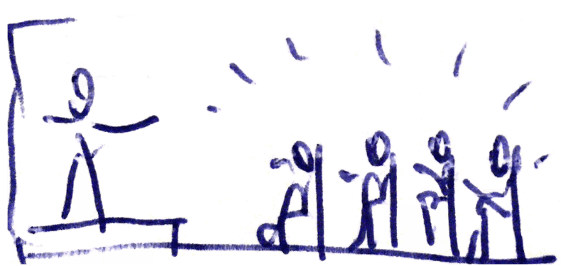 Illustration von Strichmännchen an einem Segelbootsteg, mit einer Figur auf einem Boot und vier auf dem Pier, dargestellt in einem einfachen Strichzeichnungsstil vor einem dunklen Hintergrund von Arno Fischb
