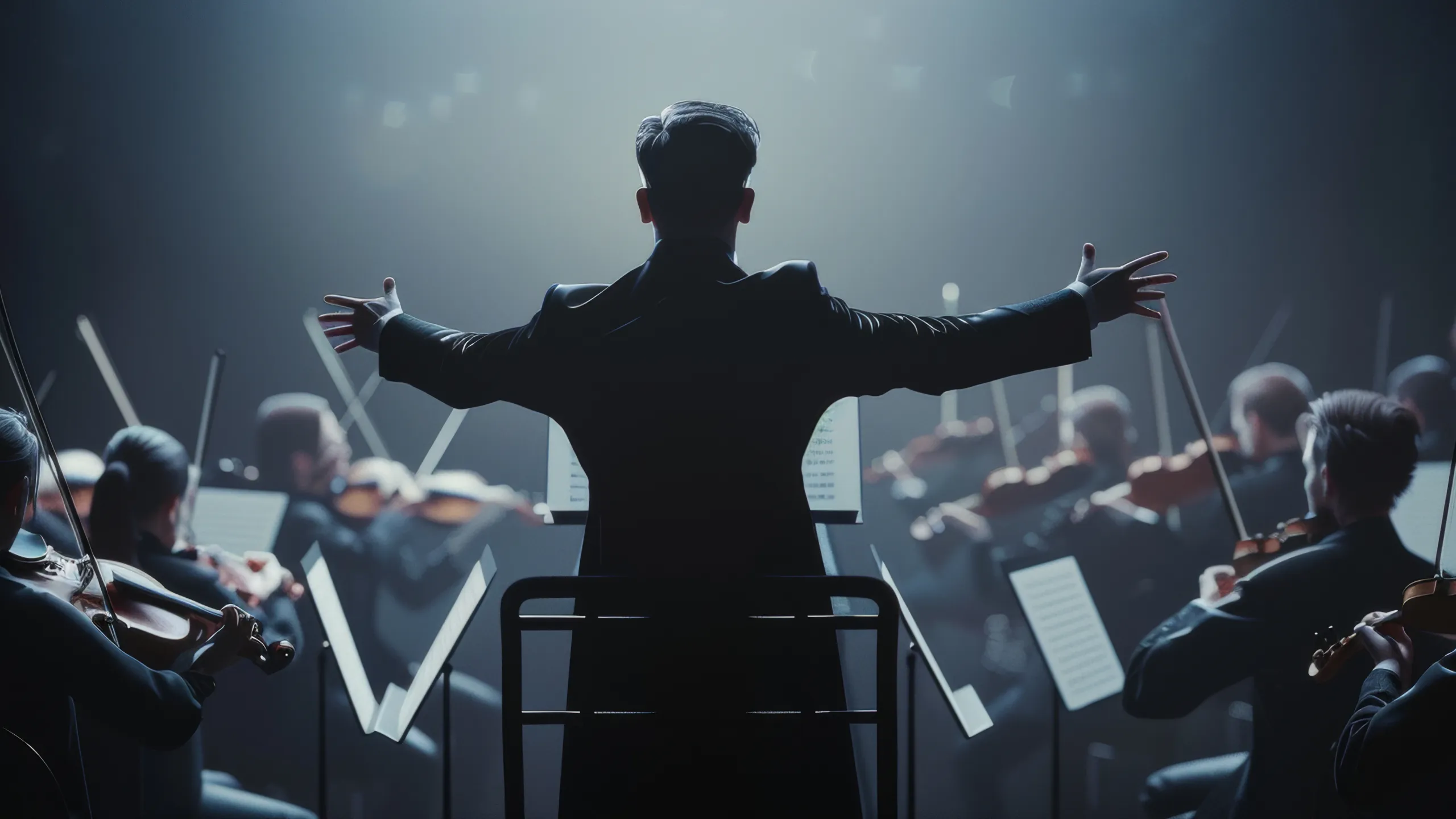 Ein charismatischer Dirigent steht mit ausgestreckten Armen vor einem Orchester und leitet Musiker, die Streichinstrumente in einer schwach beleuchteten, nebligen Umgebung spielen.