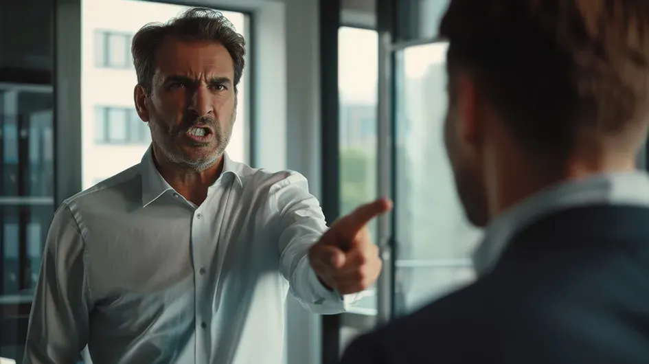 Ein Mann im weißen Hemd zeigt wütend auf eine andere Person vor einem unscharfen Bürohintergrund und versucht scheinbar, Einwände zu vermeiden.