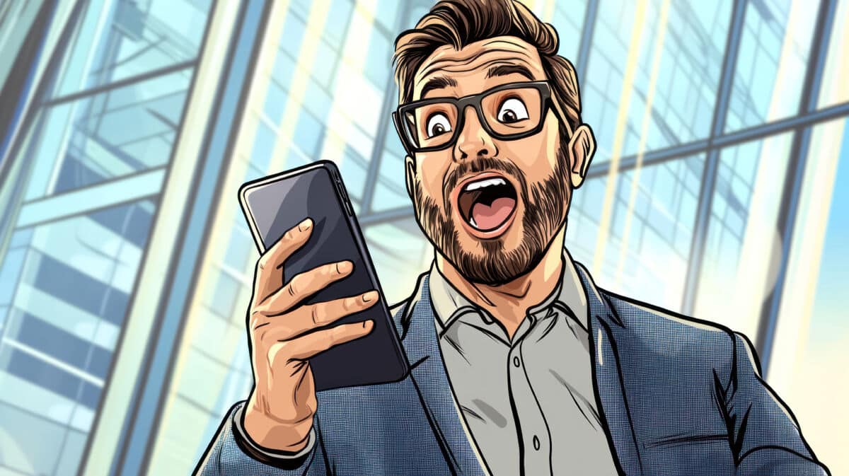 Illustration eines überraschten Mannes mit Brille und Anzug, der ein Smartphone in der Hand hält, als sei er durch eine Stimme am Telefon aufgeschreckt worden, mit einem gläsernen Bürogebäude im Hintergrund.