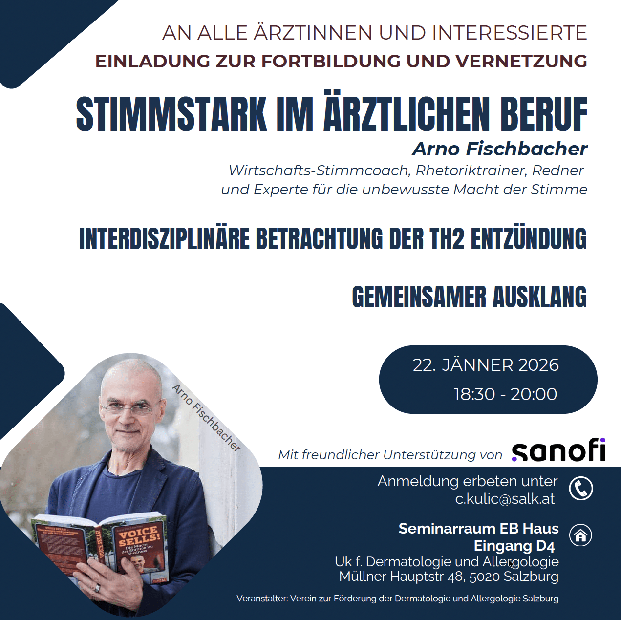 Veranstaltungsflyer für das medizinische Seminar "Stimmstark im ärztlichen Beruf" mit Arno Fischbacher, veranstaltet von Sanofi in Salzburg am 22. Januar 2026. Ideal für alle, die Stimmstärke im ärztlichen Beruf suchen.