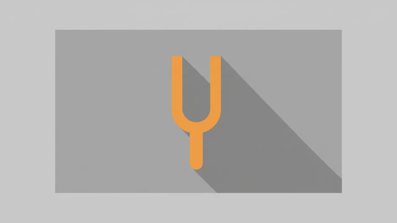 Orangefarbenes Stimmgabel-Symbol mit einem langen Schatten auf einem grauen, rechteckigen Hintergrund.