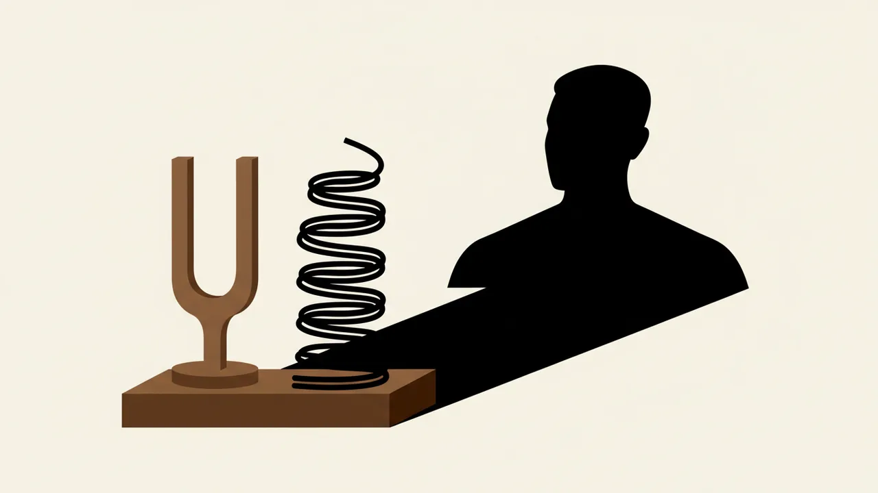 Auf einem Tisch liegen eine Stimmgabel und eine Feder neben der Silhouette des Oberkörpers und des Kopfes einer Person vor einem neutralen Hintergrund.