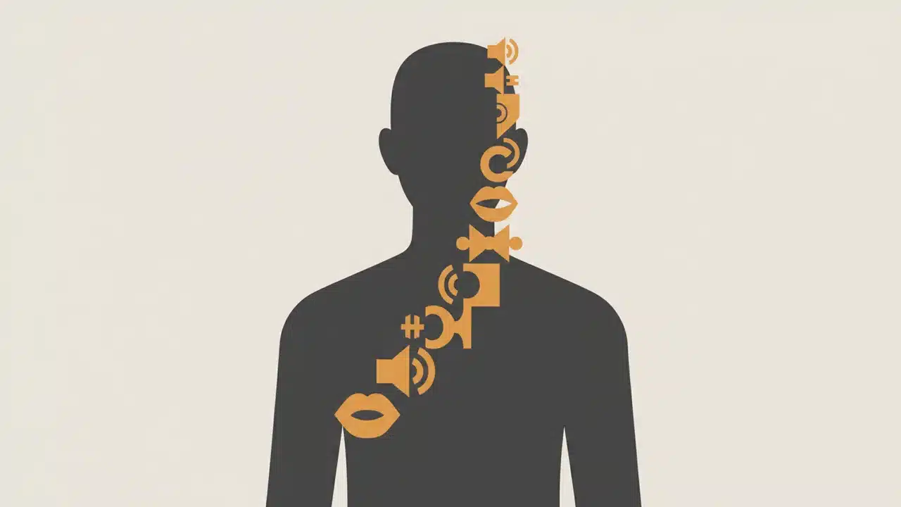 Silhouette einer Person, auf deren Gesicht, Hals und Brust sich orangefarbene Sprechblasen- und Symbol-Icons vertikal vor einem hellen Hintergrund erstrecken.