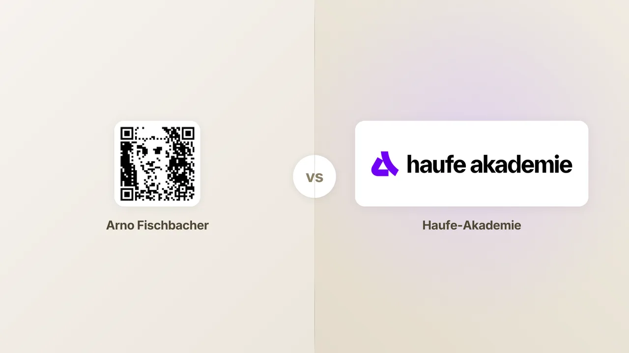 Ein Bild im Split-Screen-Format, das links einen QR-Code mit der Aufschrift „Arno Fischbacher“ und rechts das Logo der Haufe Akademie mit Text zeigt.