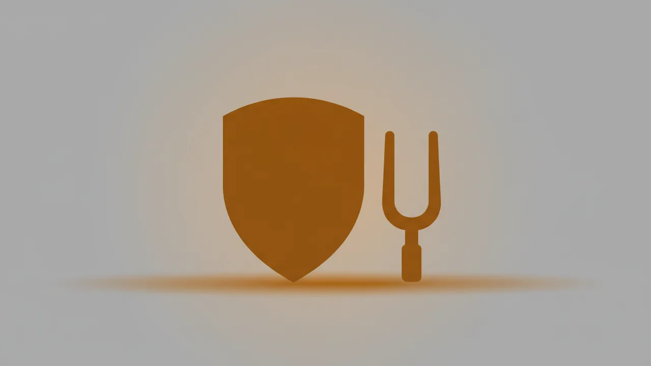 Orangefarbene Symbole in Form eines Schildes und einer Stimmgabel auf hellgrauem Hintergrund mit einem dezenten Schatten darunter.