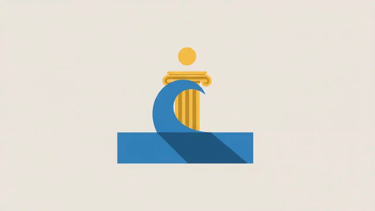 Eine blaue Wellengrafik verdeckt teilweise eine goldene Säule im klassischen Stil mit einem runden Kapitell, das Ganze vor einem hellbeigen Hintergrund.