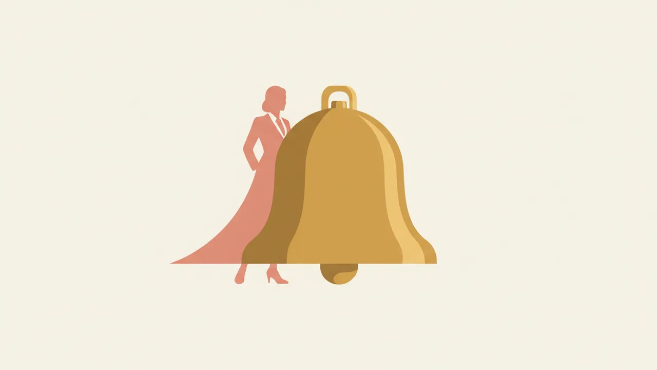Vor einem schlichten, hellen Hintergrund steht die Silhouette einer Frau in einem Kleid hinter einer großen goldenen Glocke.
